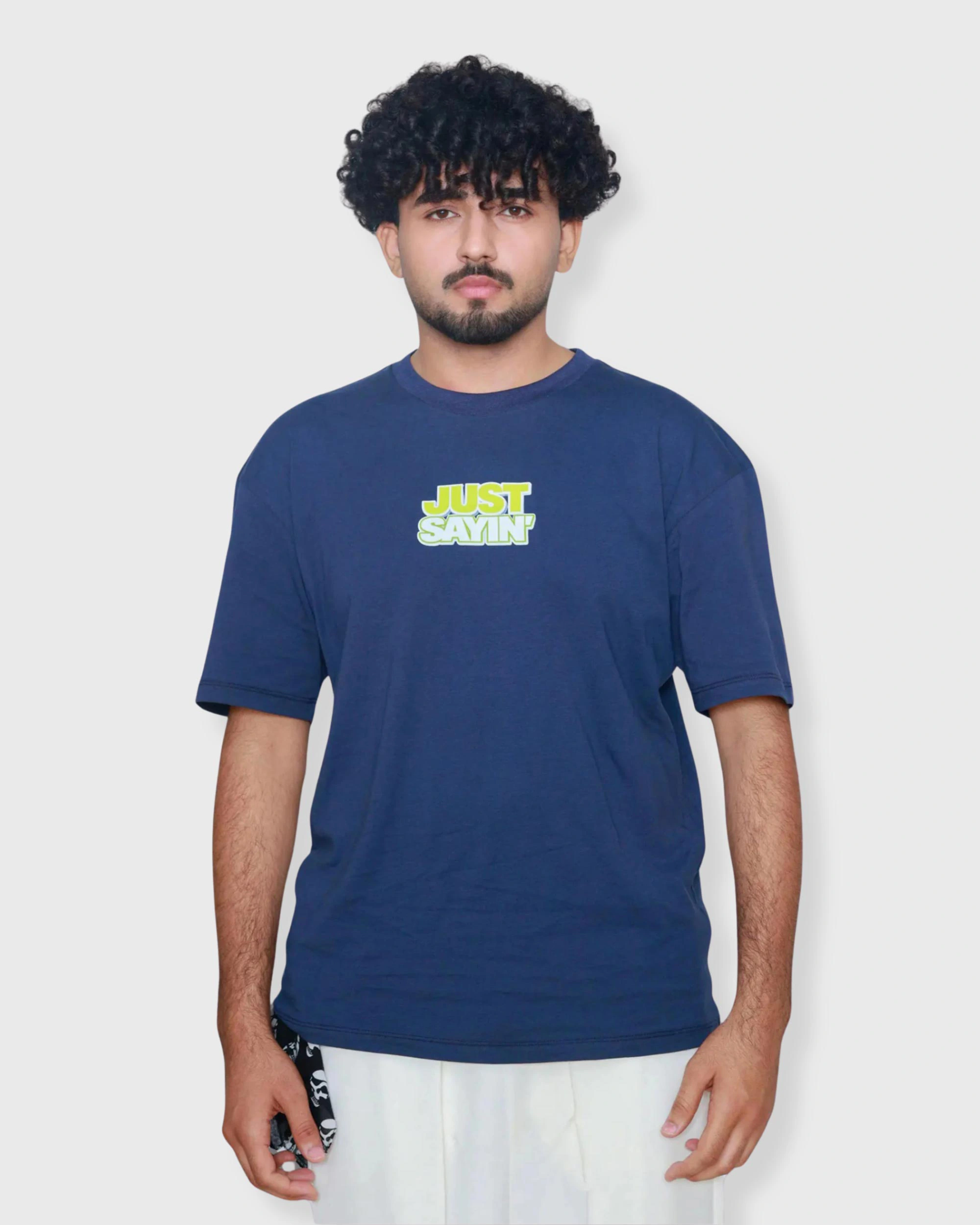 Navy blue oversized box fit t-shirt with “Just Sayin’” graphic print on center chest
