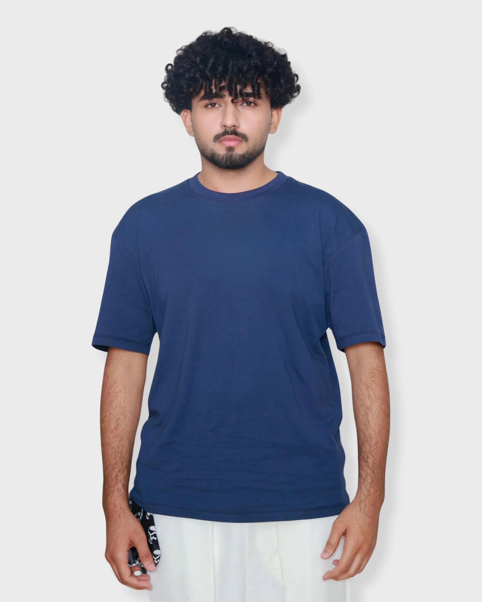 Navy blue oversized box fit t-shirt with drop shoulder and clean plain design
