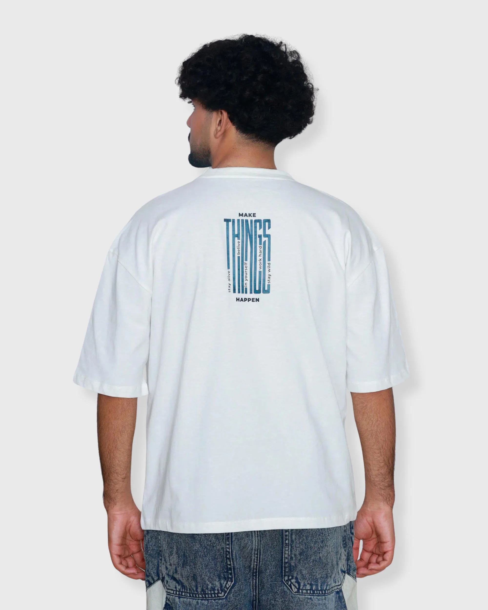 White oversized box fit t-shirt with vertical graphic print on center back